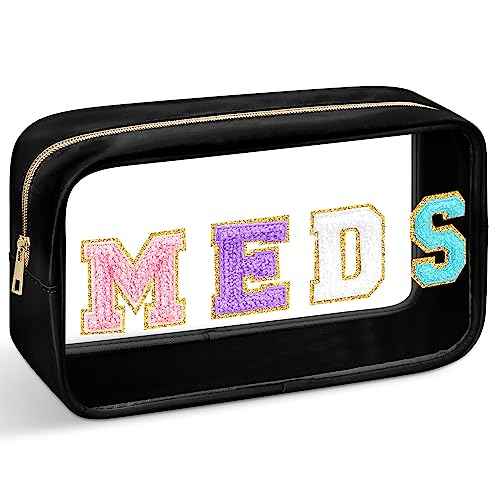 Geetery Chenille Letter Bag Nylon Portable Makeup Cases Preppy Patch with Zipper Cosmetic Toiletry Storage Bag for Women(Black,Original MEDS)