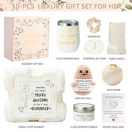 Self Care Gift Basket for Women, Luxury Spa Gift Basket with Blanket, Vanilla Coconut Self Care Set, Friendship Birthday Box for Mom, Sister, Wife, Best Friend, Coworker(White)