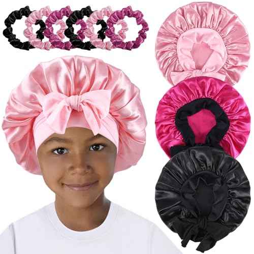 3 PCS Kids Satin Bonnets,Soft Bonnet for Sleeping with Elastic Band,Satin Silk Bonnet for Girls,Kids Sleeping Cap for Teens Nature Curly Hair,3 Color with 6 Hair Scrunchies