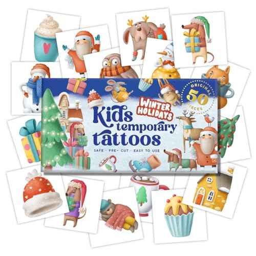 Kids Temporary Tattoos Winter Holidays ? 50 Festive Hypoallergenic Tattoos | Snowflakes, Christmas party favors | Made in Europe | Safe & Non-Toxic, Pre-Cut, Easy to Apply