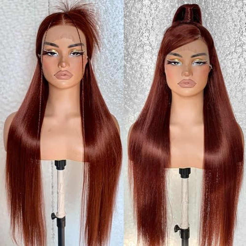 BlackSwern 13x6 HD Glueless Lace Frontal Wigs Pre-Plucked, 200 Density Ginger Similar Human Hair Synthetic Long Straight Lace Front Wig Ready to Wear, 26inch #Reddish Brown
