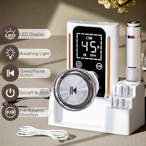Nail Drill, Portable Electric Nail File 45000RPM, Rechargeable Nail Drill Professional with Bits & Base, for Acrylic Gel Nails, E-File Machine, Manicure Polishing, for Salon Home, White