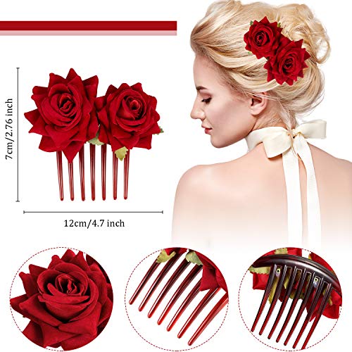 4 Pieces Rose Flower Hair Clip Big Rose Brooch Floral Clips Mexican Flower Hair Accessories for Woman Flamenco Dancer Bridal Party Wedding