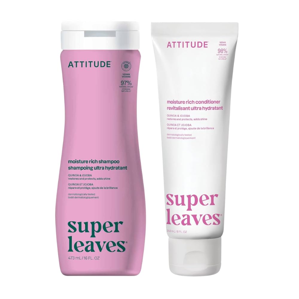 Bundle of ATTITUDE Moisture Rich Hair Shampoo and Conditioner, EWG Verified, Dermatologically Tested, Plant- and Mineral-Based, Vegan Beauty Products, Quinoa and Jojoba
