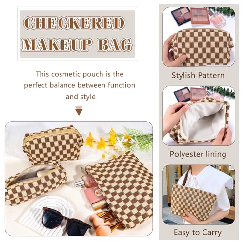 ZLFSRQ 3Pcs Checkered Makeup Bag for Women Large Small Checkered Cosmetic Bag Set Aesthetic Preppy Pencil Case Cute Pencil Pouch Brown Makeup Pouch for Purse Travel Toiletry Bags Zipper Skincare Bags