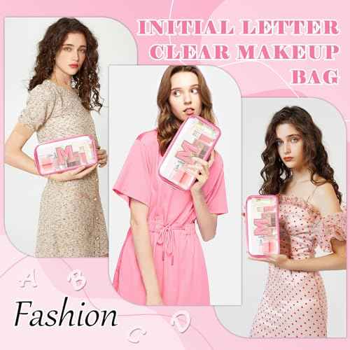 Personalized Initial Letter Clear Makeup Bag,Preppy Small Nylon&PVC Cosmetic Zipper Bag with Chenille Letter,Portable Beach Travel Skincare Toiletry Bag,Trendy Monogram Gift for Teen Girls Women,M