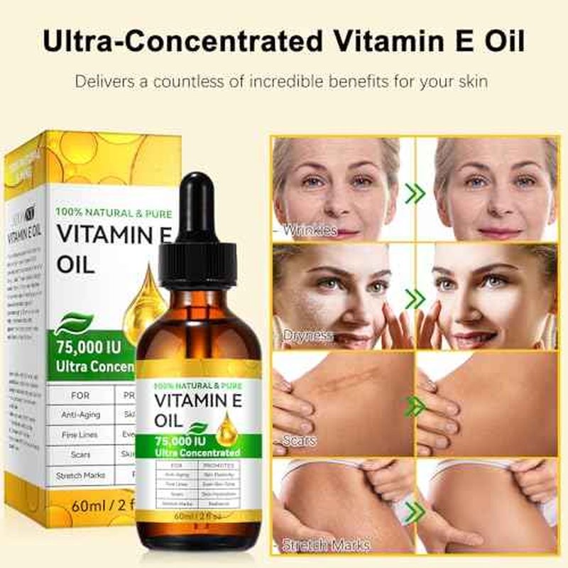 Essential Vitamin E Oil for Skin,Face,75000 IU Pure Vitamin E Body Oil for Women Girls 2 Oz