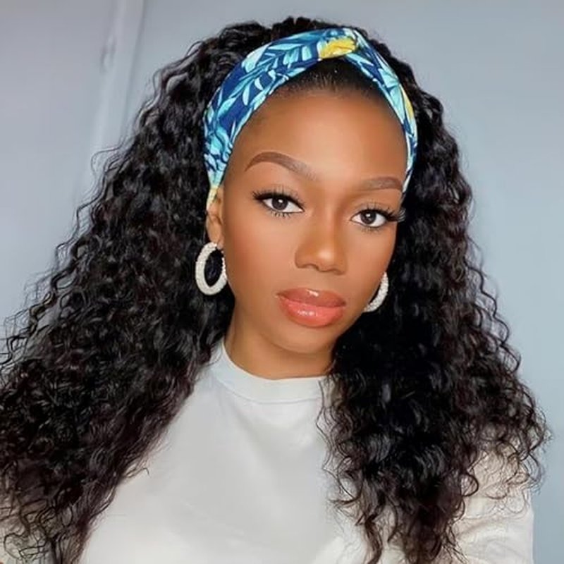 Headband Wig Human Hair Curly Headband Wigs for Black Women Glueless Wear and Go Wig 100% Brazilian Virgin Human Hair Headband wig 150% Density (14inch)