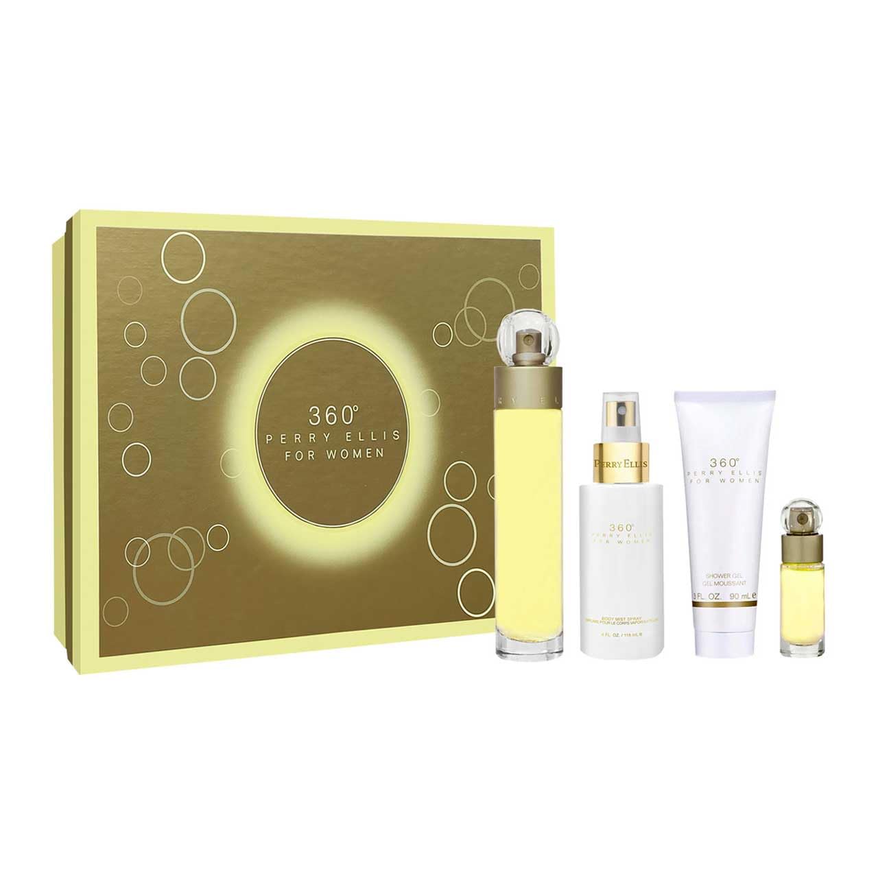 Perry Ellis 360 Women 3.4oz EDT Spray, 4oz Body Mist Spray, 3oz Shower Gel, 0.25oz EDT Spray 4 Pc Gift Set