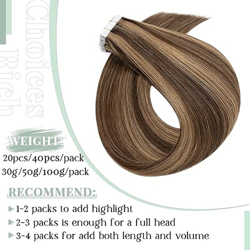 Rich Choices Tape in Hair Extensions Human Hair, 40pcs 80g 100% Remy Seamless Tape Hair Extensions Real Human Hair,14 Inch #4P27 Medium Brown Highlighted Dark Blond