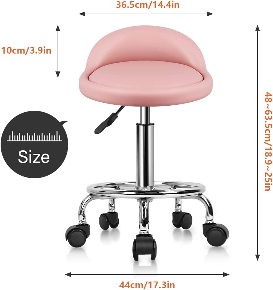 PU Leather Round Rolling Stool - Height Adjustable Swivel Drafting Chair with Foot Rest | Pink