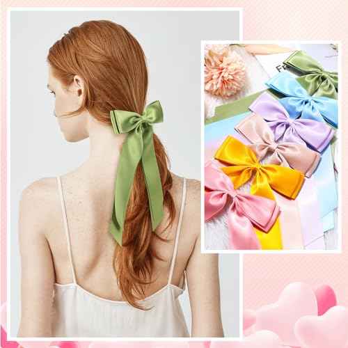 Mimorou 16 Pcs Satin Hair Bows for Women Girls Bulk Long Hair Bow Clips with Long Tail Silky Ribbon Barrettes Ponytail Holder Accessories Christmas Birthday Wedding Holiday Gifts