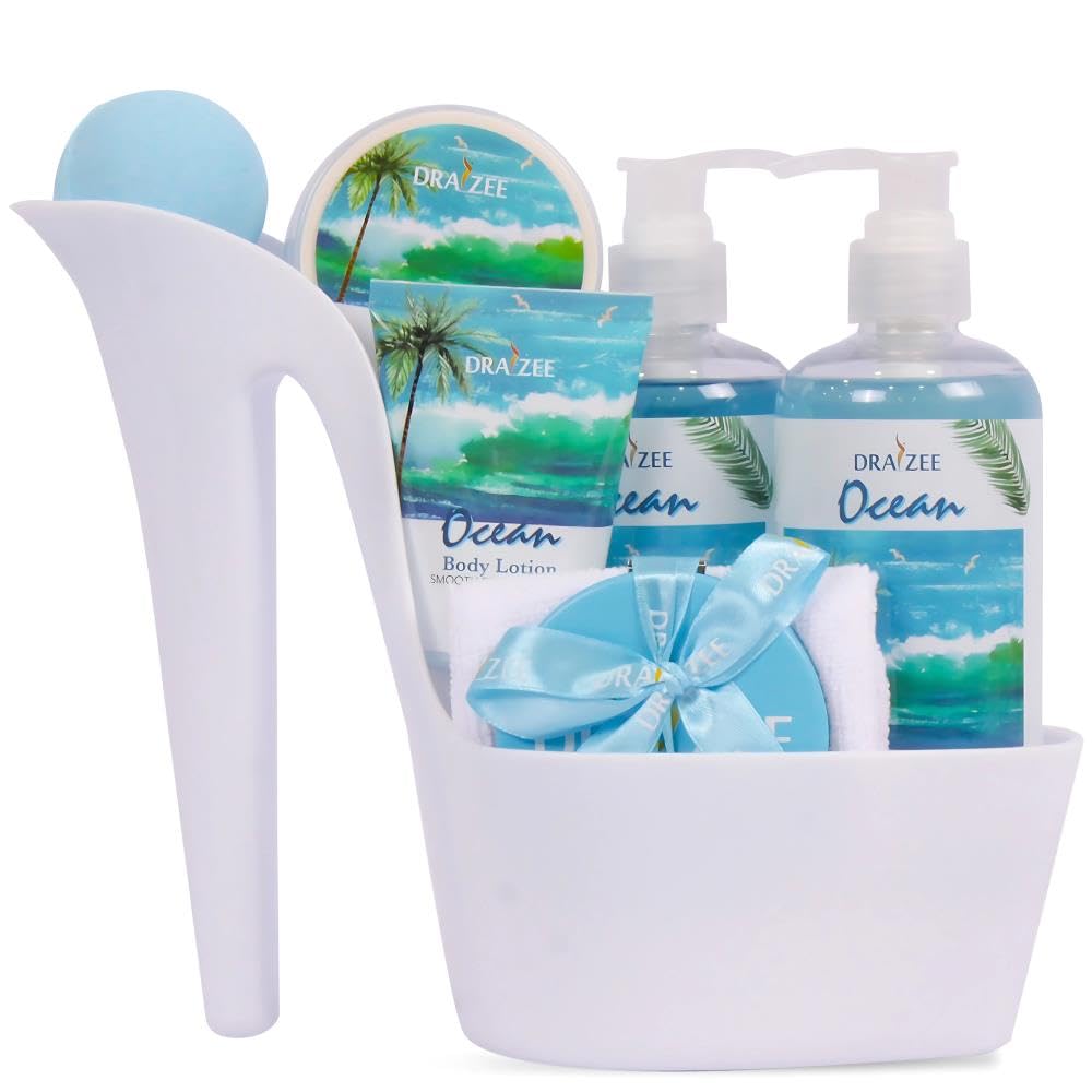 Mother's Day Gift – 8 Pc Spa Gift Baskets for Women, Ocean Scented Heel Shoe Bath Set, Luxury Spa Basket, Thoughtful Gift for Mom, Wife, Her by Draizee