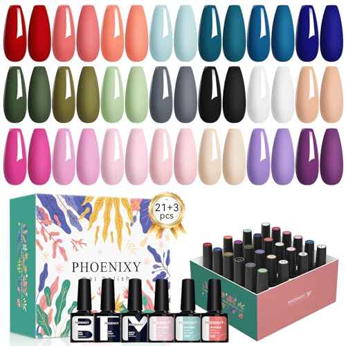 PHOENIXY 24 PCS Gel Nail Polish Set, Spring 21 Colors Gel Nail Polish Kit with Base Glossy Matte Top Coat Black Gray Red Nail Kit Gifts for Women