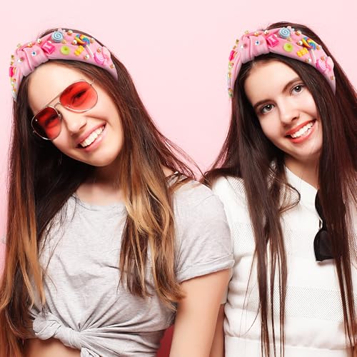 PANTIDE Candy Jeweled Knotted Headband - Halloween Rainbow Lollipop Rhinestone Embellished Preppy Headband Non Slip Wide Top Knot Hairband Hair Accessories Birthday Gift for Women Girls (Pink)