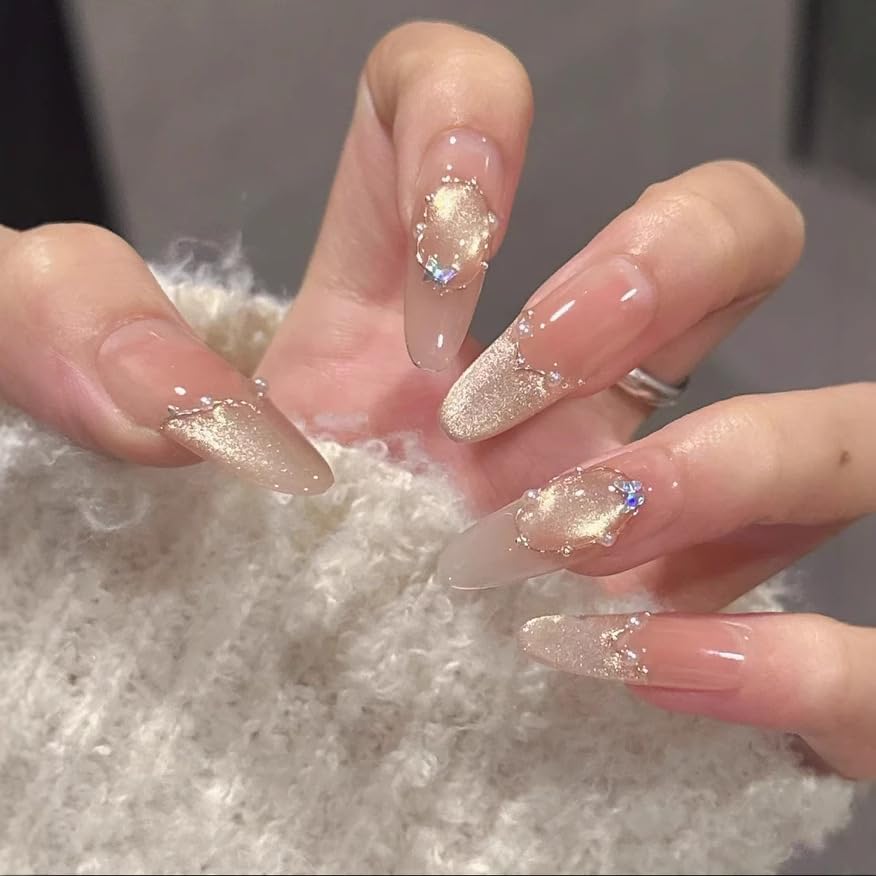 3D Sea Shell Press-On Nails - Handmade Medium Almond Beach Nail Art with Butterflies (L Size)