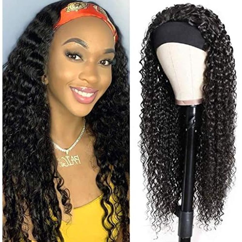 XSY Headband Wig Human Hair Deep Wave 18 Inch Curly Headband Human Hair Wigs for Black Women Glueless None Lace Front Wig 150% Density Natural Black Color