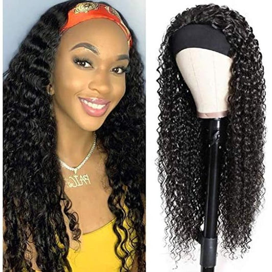 XSY Headband Wig Human Hair Deep Wave 18 Inch Curly Headband Human Hair Wigs for Black Women Glueless None Lace Front Wig 150% Density Natural Black Color