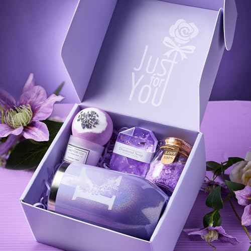Gifts for Women, Mom, Wife, Girlfriend, Sister, Friends, Her - Unique Birthday, Christmas, Valentine's Day, Mothers Day Gifts - Initial Lavender Spa Gift Basket Set (K)