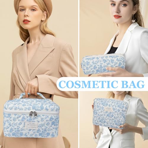 Makeup Bag Set, Quilted Makeup Bag, Large Floral Cosmetic Bag for Women, Cute Cotton Makeup Bags, Flower Travel Toiletry Organizer Bag (Black Rose Flower)