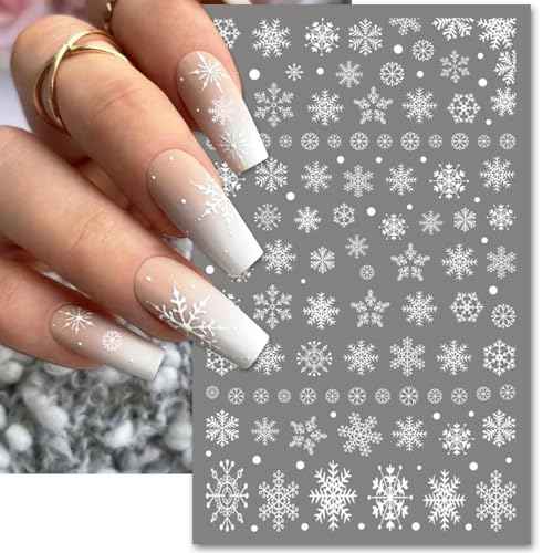 Large Snowflake Nail Stickers, Christmas 3D Self-Adhesive Nail Art Decals - White Snowman Santa Elk Design for DIY Manicure Winter Xmas DIY Nail Decorations (4 Sheets)