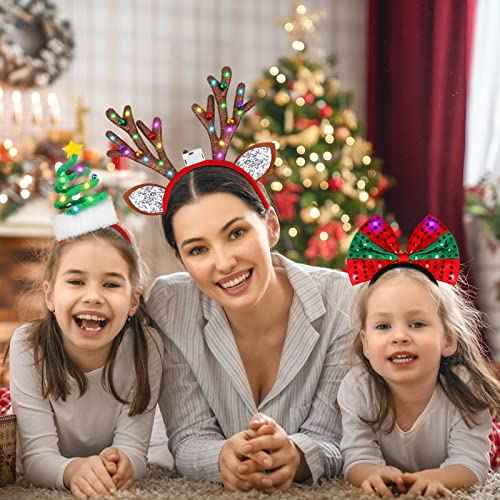 Fovths 6 Pack Christmas Headbands LED Reindeer Head Boppers Xmas Antler Santa Elves Hair Bands for Christmas Holiday Party Accessoriess