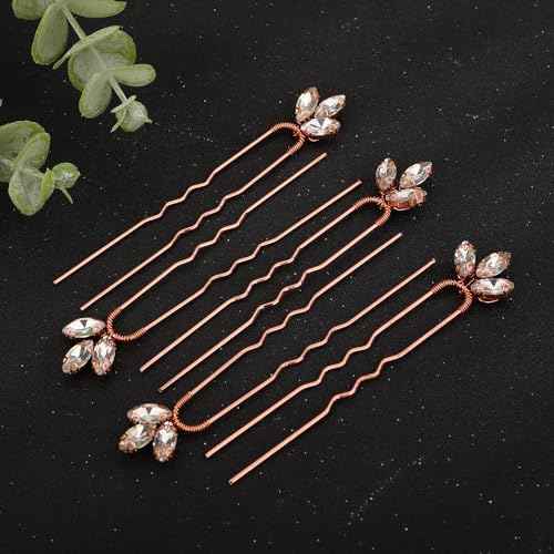 Teyglen 5pcs Crystal Bride Wedding Hair Pins for Bride Sparkly Blue Red Green Crystal Hair Clips Pins for Women Girls Party Prom (Rose Gold)