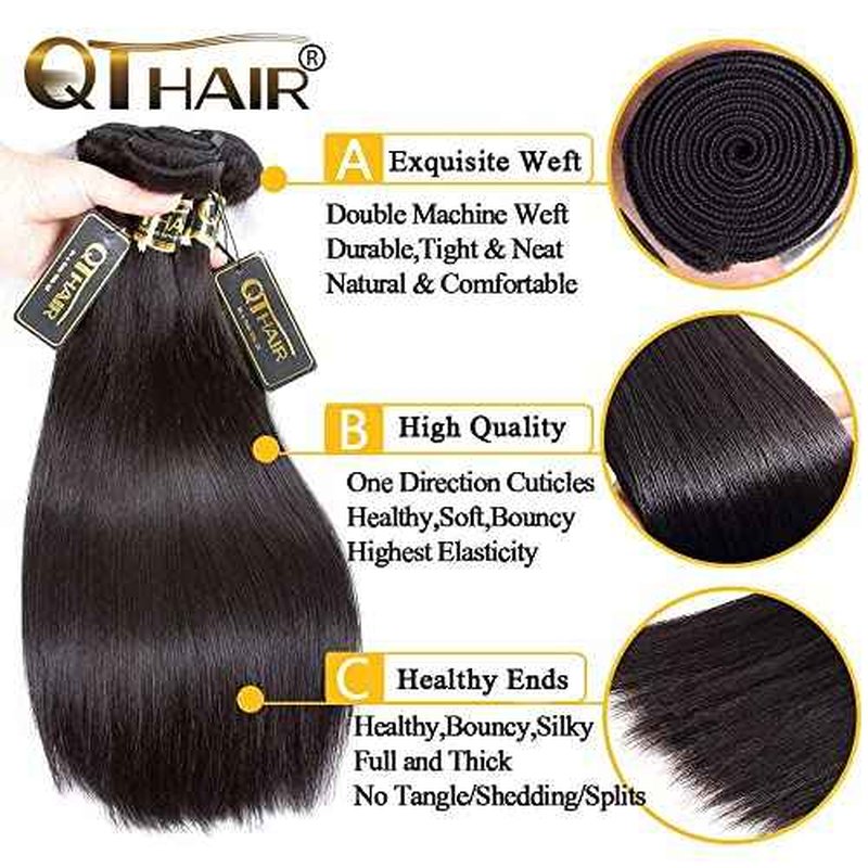QTHAIR 16A Grade Brazilian Straight Human Hair Bundles with 4X4 HD Lace Closure(18" 20" 20"+16"Free Part Lace Closure,Natural Black) 100% Unprocessed Brazilian Virgin Hair Extensions for Women