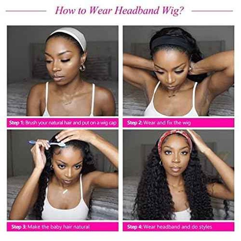 Deep Wave Headband Wig Human Hair Curly Headband Wigs for Black Women Human Hair 28 Inch Glueless None Lace Front Wig Brazilian Virgin Hair Wear and Go Wigs 150% Density Natural Black Color