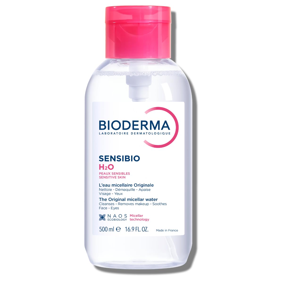 Bioderma Sensibio H2O Micellar Water Pump, Makeup Remover Cleanser, Gentle for Skin, Fragrance-Free & Alcohol-Free, Gentle Face Cleanser for Sensitive Skin, 16.9 Fl Oz