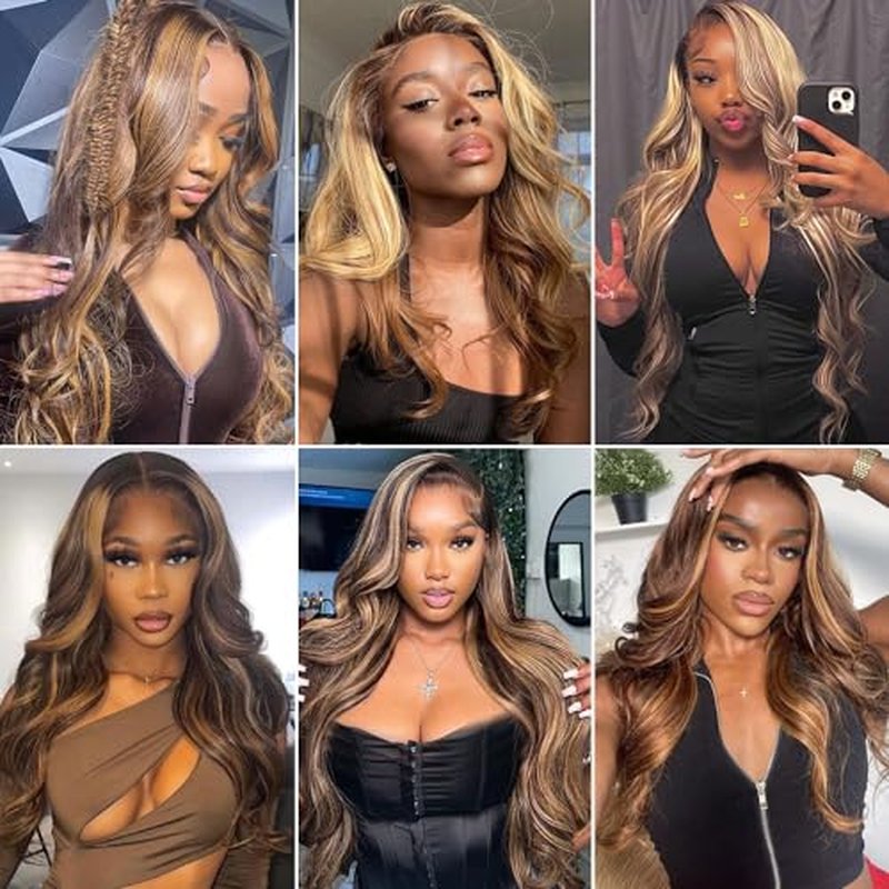 13x4 Highlight Ombre Lace Front Wig Human Hair Pre Plucked 4/27 Honey Blonde HD Transparent Colored Lace Frontal Wigs For Women with Baby Hair 200% Density Body Wave Lace Front Wig (16 Inch)