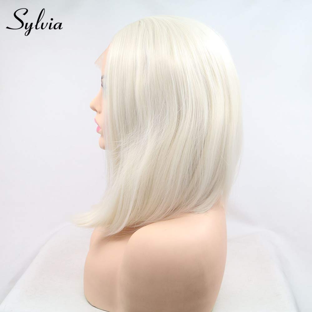 sylvia Platinum Blonde Bob Hairstyle Synthetic Lace Front Wigs Middle Parting 60# Short Straight Heat Resistant Fiber Hair…