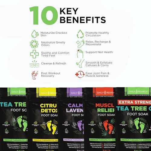 DAILY REMEDY Foot Soak Salts- Variety Pack of 4- Tea Tree Oil, Muscle Relief, Calming Lavender & Citrus Soak- For Foot Pain, Soreness, Athlete¡¯s Foot, Odors, Calluses-Made In USA
