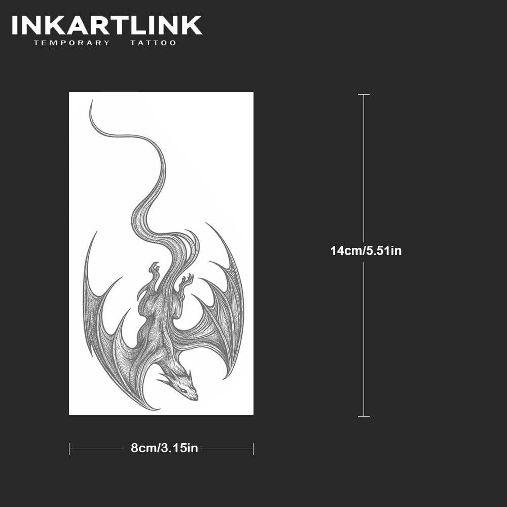 INKARTLINK Tattoo Tech, 2 Sheets Medium Semi Permanent Tattoo, Adult Art Design Temporary Tattoos, Lasts 1-2 Weeks, Waterproof, Realistic Look, No Reflection (Winged Dragon)