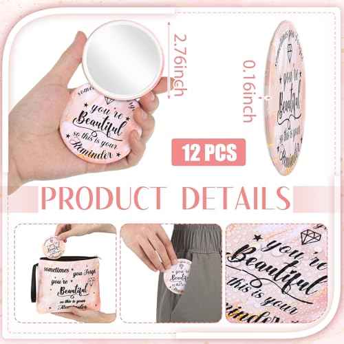 Xuniea 24 Pcs Inspirational Gifts for Women Bulk 12 Motivation Canvas Makeup Bags 12 Round Portable Pocket Mirror for Team Employee Coworker Housekeeping Appreciation Thank You Gifts(Beautiful)