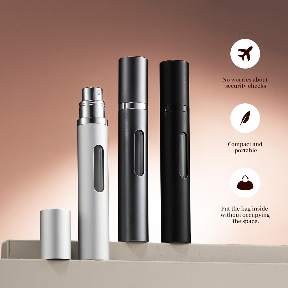 DIOHIO 10ml 3pcs Perfume Travel Refillable Bottle,Perfume Atomizer Travel Refillable, Bottom-Filling Fragrances Perfumes Bottle,Mini Cologne Dispenser,Portable Sprayer（Black-Grey-Silver）