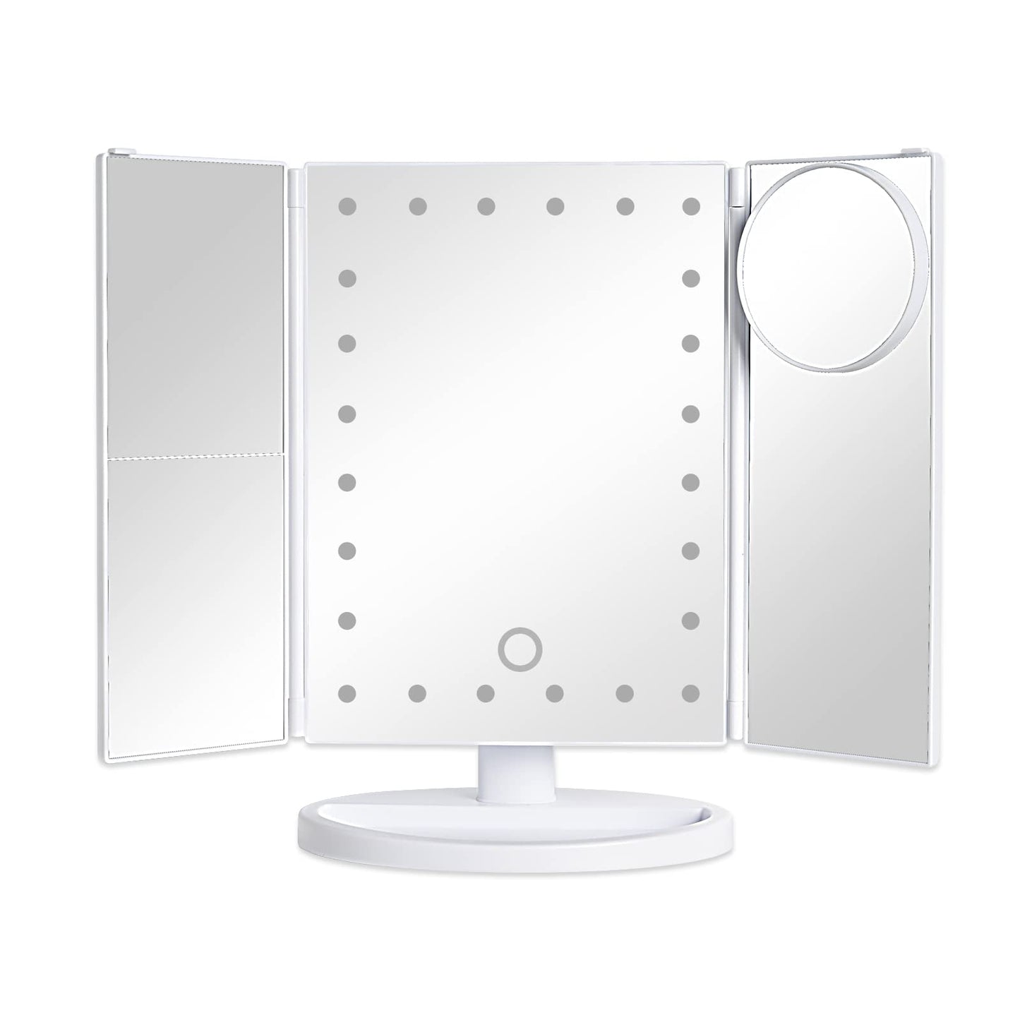 bemelux Tri-fold Vanity Mirror Light with 10x Magnetic Small Lens, 1X/2X/3X Magnification, Touch Control, Foldable, Dual Power Supply, Detachable LED Vanity Mirror.