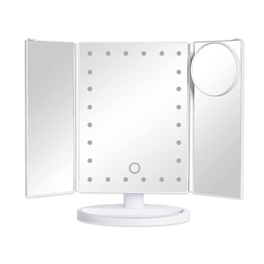 bemelux Tri-fold Vanity Mirror Light with 10x Magnetic Small Lens, 1X/2X/3X Magnification, Touch Control, Foldable, Dual Power Supply, Detachable LED Vanity Mirror.
