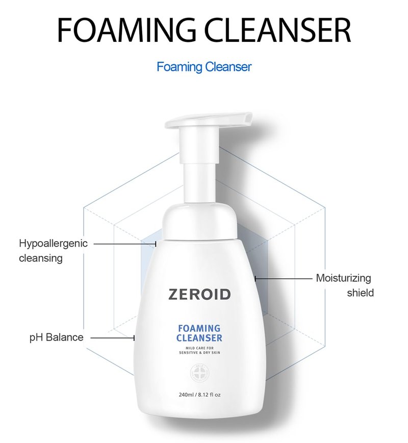 ZEROID | Foaming Cleanser | Facial Cleanser for Sensitive & Dey Skin | Mild Face Wash Care | Gentle Face Wash | Moisturizing Face Soap | Dermatologist Tested | Korean Skin Care | 8.1 fl oz (240ml)