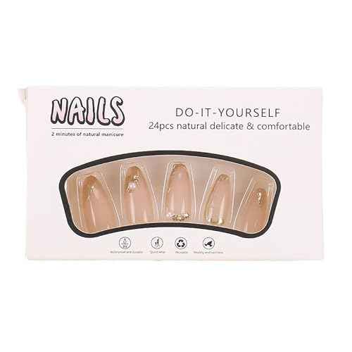 Press on Nails Almond Fake Nails French Tip False Nails with Gold Line Design Glue on Nails Press ons Medium Acrylic Nails Glossy Full Cover Stick on Nails for Women Manicure 24Pcs