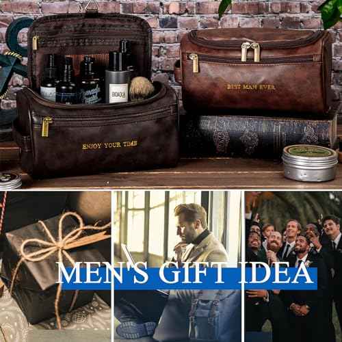 Flycalf Mens Toiletry Travel Bag Customized Mens Leather Toiletries Grooming Bag for Men Shaving Bag Hanging Water Resistant Organizer (Brown)