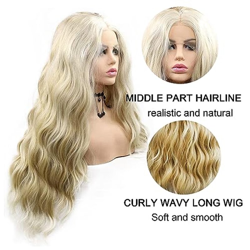 613 Lace Wig Blonde Curly Lace Front Wigs Brown Blonde Highlight Long Water Wave Synthetic Lace Front Wig Pre-plucked Hairline Glueless Wigs for Black Women Girls Daily Party 26 Inch