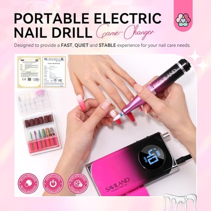 SAVILAND Professional Electric Nail Drill Machine: 40000RPM Rechargeable Nail Drill File with 4000mAh Battery, Ceramic Bit and Sanding Bands for Manicure, Pedicure, Shaping & Acrylic Removal Salon Use