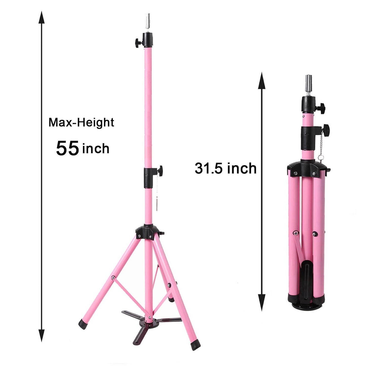 Heavy Duty Head Stand, Reinforced Mannequin Head Stand Tripod, Pink Wig Stand Tripod,Wig Stand for Styling, Adjustable Holder For Wig Making Display (55 inch with pedal)