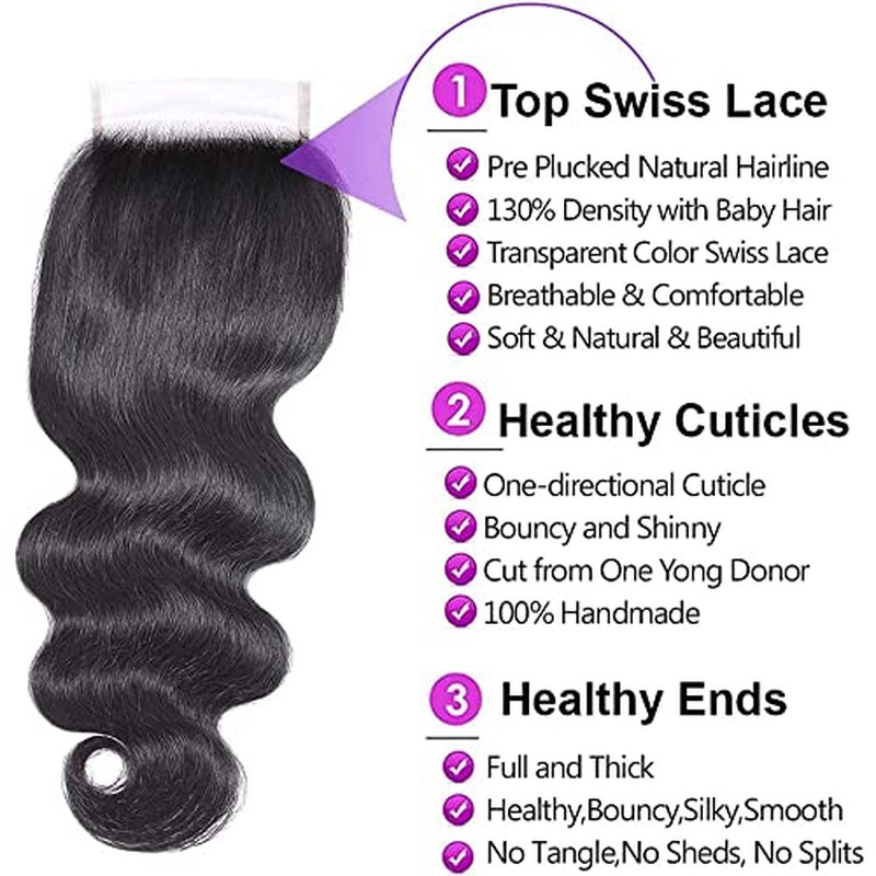 Hair 12A Brazilian Body Wave Bundles with Closure (10 12 14+10,Free Part) 100% Unprocessed Brazilian Virgin Human Hair Body Wave Bundles with Closure Natural Black Color