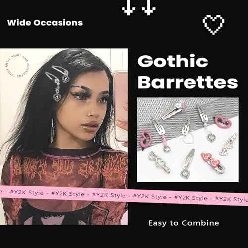 10PCS Heart Hair Clips Y2K Silver Hair Clips Metal Dangle Heart Gothic Barrettes 8 Shapes Cross Punk Hair Accessories for Women