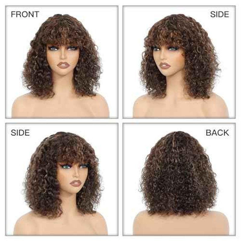 12" Highlights Curly Human Hair Wig with Bangs Short Curly Bob Wigs for Black Women Water Wave Human Hair Wig with Bangs Blonde Highlight Curly Wigs Wear and Go None Lace Front Glueless Wig F4/27