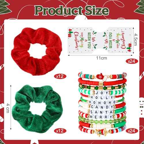 Tondiamo 72 Pcs Christmas Bracelets and Scrunchies Christmas Party Favor Gift Red Green Santa Joy Merry Candy Holiday Stackable Stretch Friendship Bracelets and Scrunchies with Gift Cards for Women