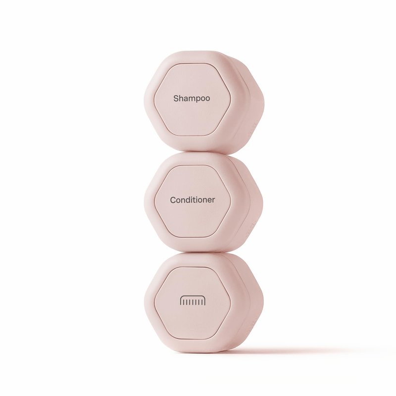 Cadence Travel Containers - 2 Piece Haircare Set - Magnetic Travel Capsules - For Shampoo, Conditioner, Hair Styling Product - 1 Small & 1 Medium Capsule - Shampoo & Conditioner Labels - Petal