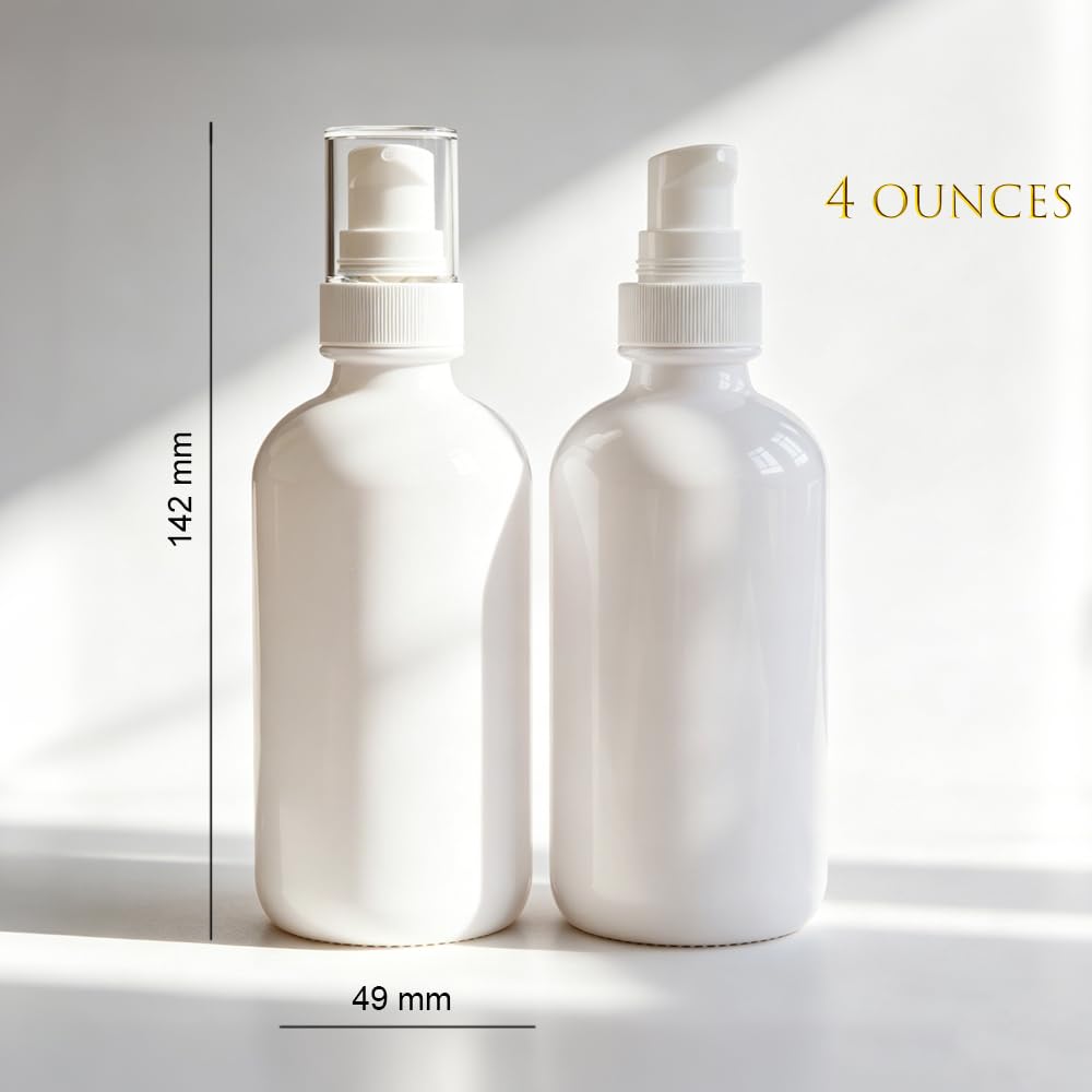 4oz White Glass Pump Bottles - 12-Pack Refillable Dispenser for Lotions, Serums & Essential Oils | Travel Size